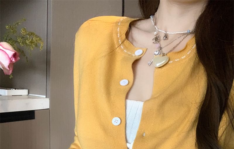 Plain Tie Front Ribbed Crop Knit Tank Top / Round Neck Contrast Stitching Cardigan