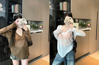 Long-Sleeve V-Neck Plain Knit Top / Bralette