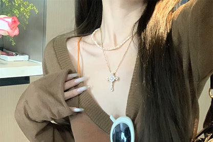 Long-Sleeve V-Neck Plain Knit Top / Bralette