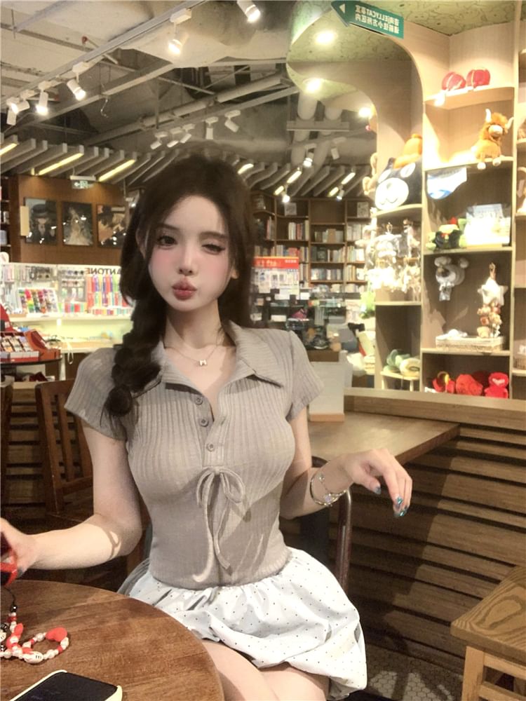 Mock Two-Piece Short-Sleeve Collar Bow Ribbed Knit Panel Bubble Hem Mini A-Line Dress