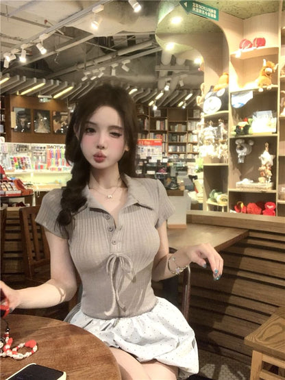 Mock Two-Piece Short-Sleeve Collar Bow Ribbed Knit Panel Bubble Hem Mini A-Line Dress