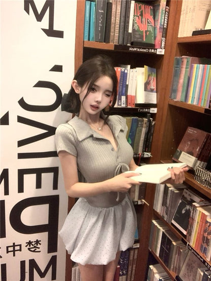 Mock Two-Piece Short-Sleeve Collar Bow Ribbed Knit Panel Bubble Hem Mini A-Line Dress