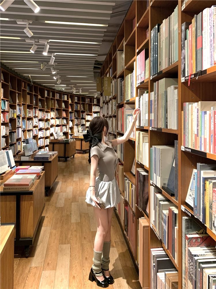 Mock Two-Piece Short-Sleeve Collar Bow Ribbed Knit Panel Bubble Hem Mini A-Line Dress