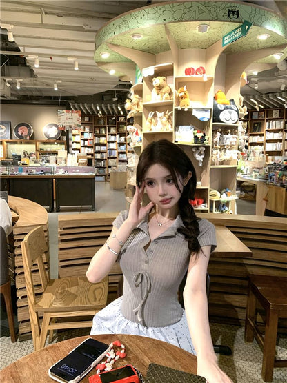 Mock Two-Piece Short-Sleeve Collar Bow Ribbed Knit Panel Bubble Hem Mini A-Line Dress