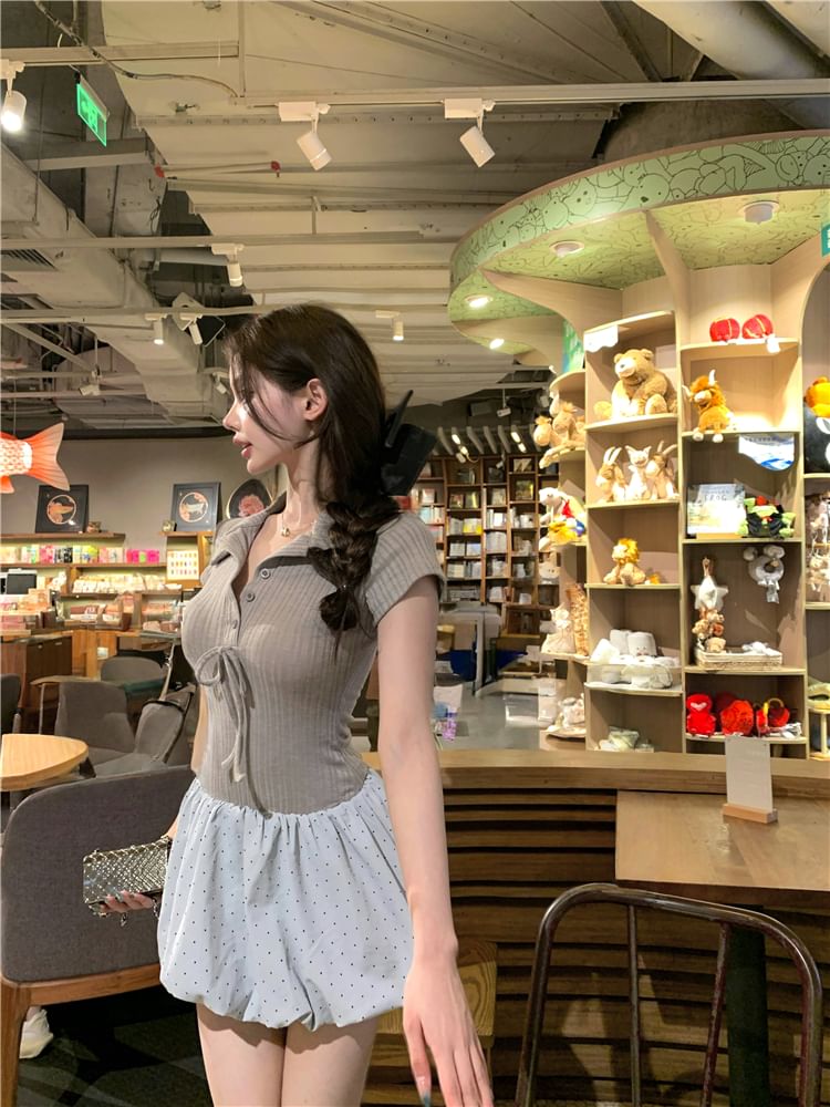 Mock Two-Piece Short-Sleeve Collar Bow Ribbed Knit Panel Bubble Hem Mini A-Line Dress