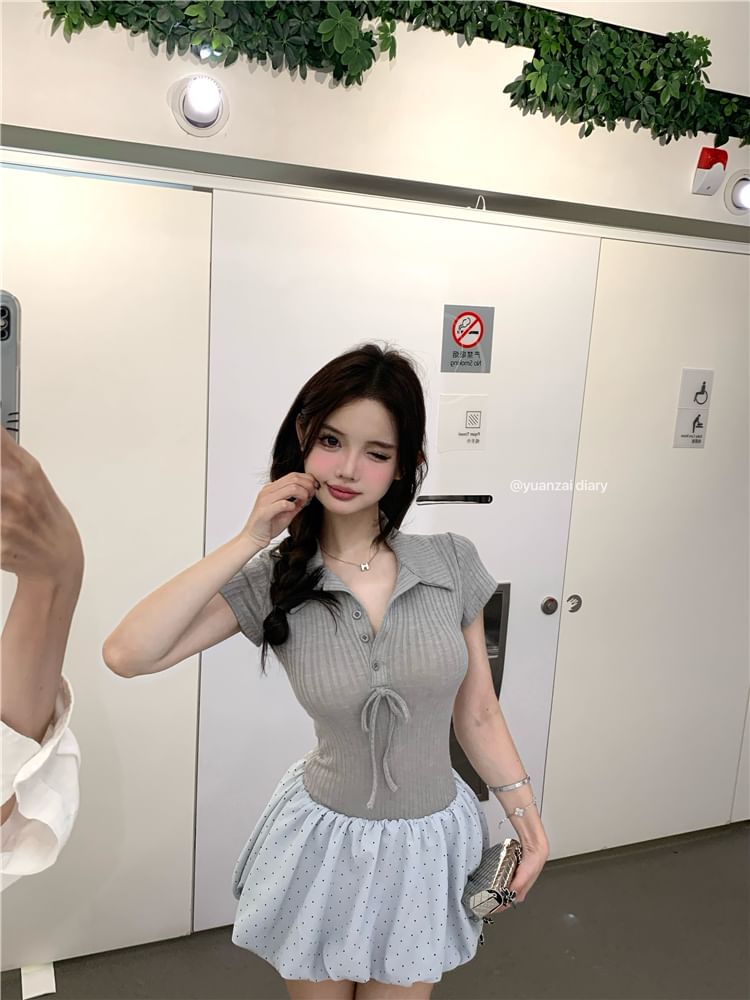 Mock Two-Piece Short-Sleeve Collar Bow Ribbed Knit Panel Bubble Hem Mini A-Line Dress