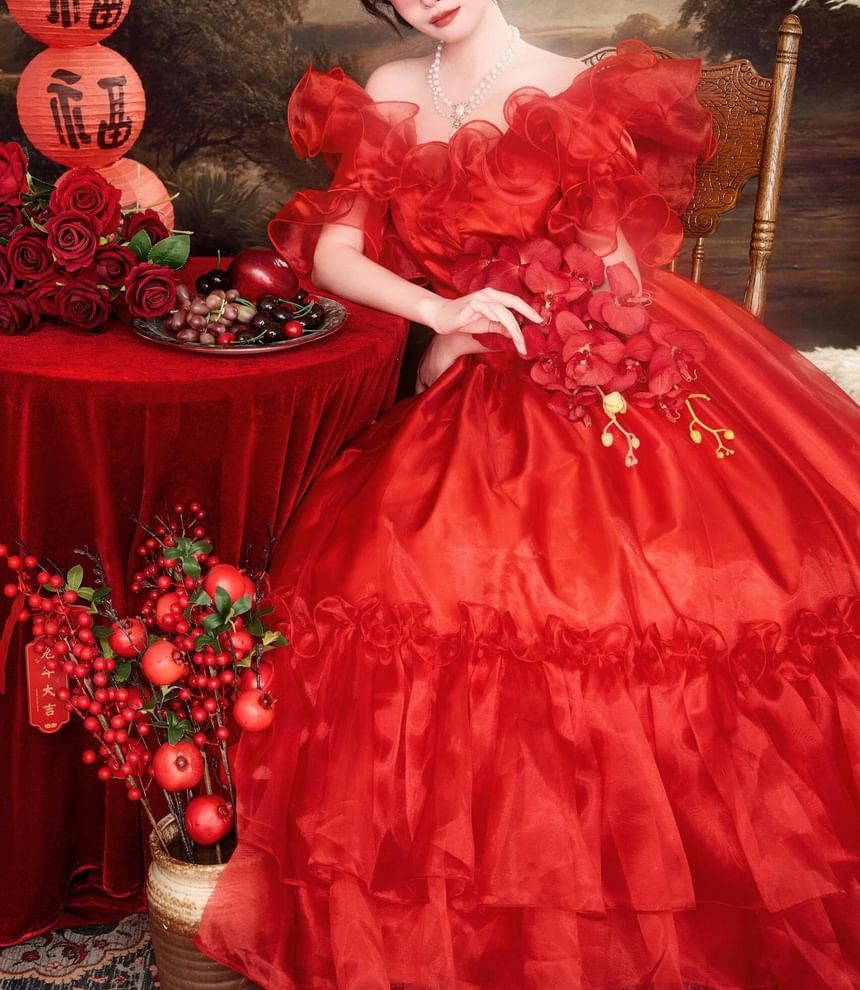 Off-Shoulder Ruffled A-Line Evening Gown