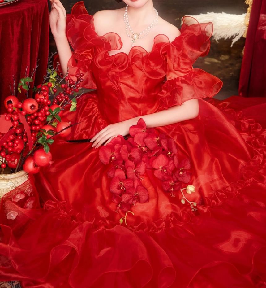 Off-Shoulder Ruffled A-Line Evening Gown