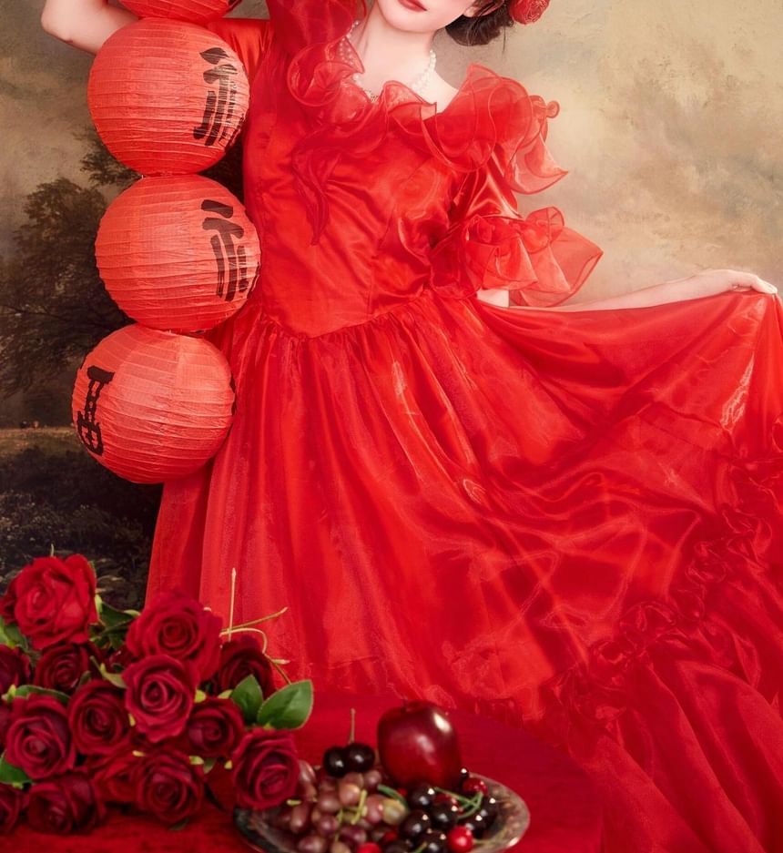 Off-Shoulder Ruffled A-Line Evening Gown