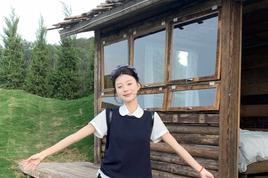 Short Sleeve Collared Plain Shirt / Round Neck Plain Sweater Vest / High Waist Plain Mini A-Line Skirt