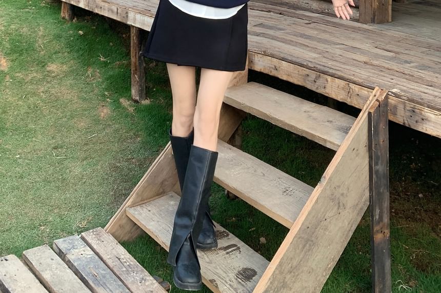 Short Sleeve Collared Plain Shirt / Round Neck Plain Sweater Vest / High Waist Plain Mini A-Line Skirt