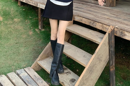 Short Sleeve Collared Plain Shirt / Round Neck Plain Sweater Vest / High Waist Plain Mini A-Line Skirt