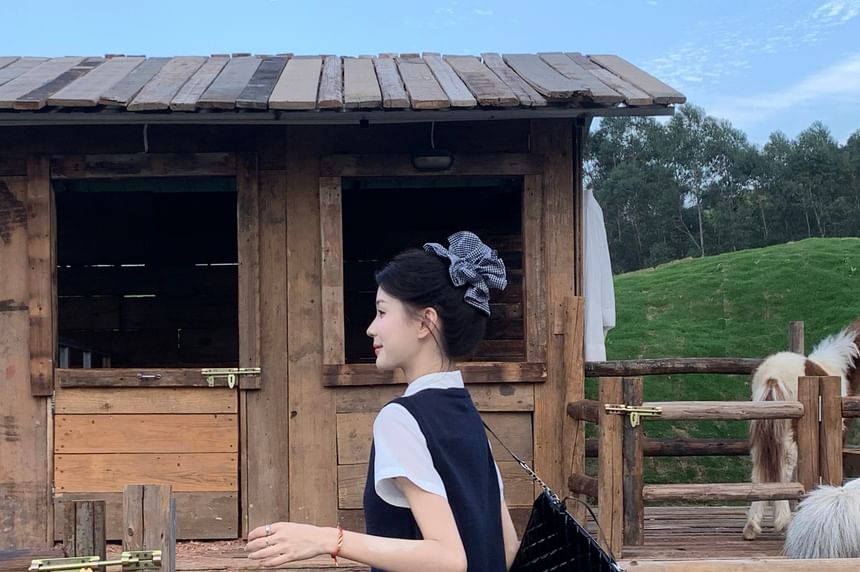 Short Sleeve Collared Plain Shirt / Round Neck Plain Sweater Vest / High Waist Plain Mini A-Line Skirt