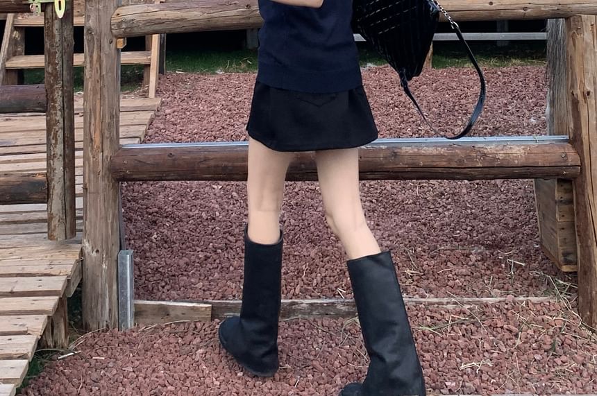 Short Sleeve Collared Plain Shirt / Round Neck Plain Sweater Vest / High Waist Plain Mini A-Line Skirt