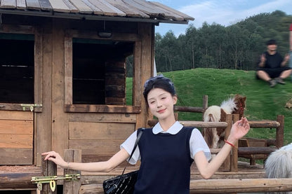 Short Sleeve Collared Plain Shirt / Round Neck Plain Sweater Vest / High Waist Plain Mini A-Line Skirt