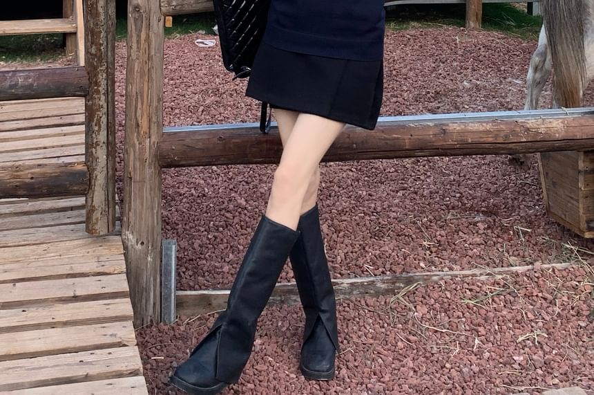 Short Sleeve Collared Plain Shirt / Round Neck Plain Sweater Vest / High Waist Plain Mini A-Line Skirt