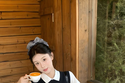 Short Sleeve Collared Plain Shirt / Round Neck Plain Sweater Vest / High Waist Plain Mini A-Line Skirt