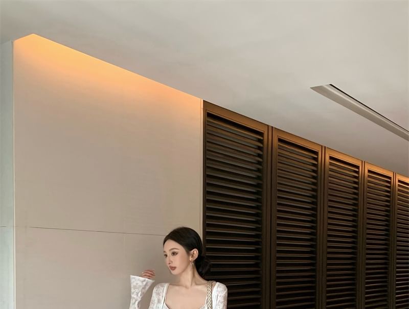 Spaghetti Strap Floral Jacquard Maxi A-Line Dress / Bolero