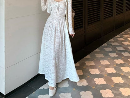 Spaghetti Strap Floral Jacquard Maxi A-Line Dress / Bolero