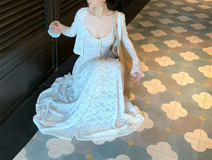 Spaghetti Strap Floral Jacquard Maxi A-Line Dress / Bolero