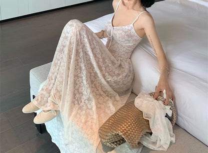 Spaghetti Strap Floral Jacquard Maxi A-Line Dress / Bolero