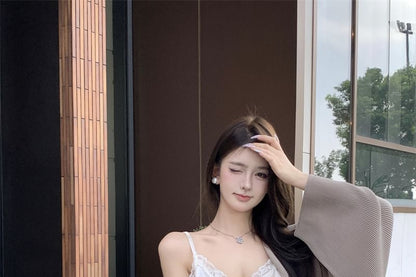 V-Neck Plain Lace Trim Camisole Top / Plain Open Front Jacket / High Waist Fringe Maxi Pencil Skirt