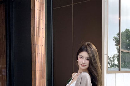 V-Neck Plain Lace Trim Camisole Top / Plain Open Front Jacket / High Waist Fringe Maxi Pencil Skirt