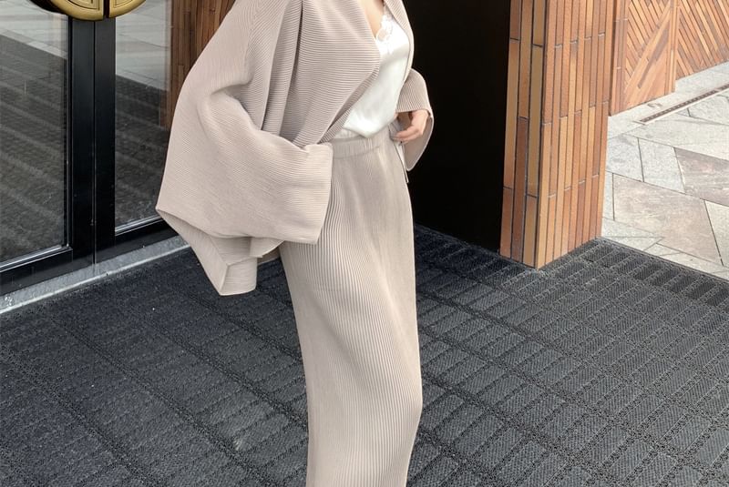 V-Neck Plain Lace Trim Camisole Top / Plain Open Front Jacket / High Waist Fringe Maxi Pencil Skirt