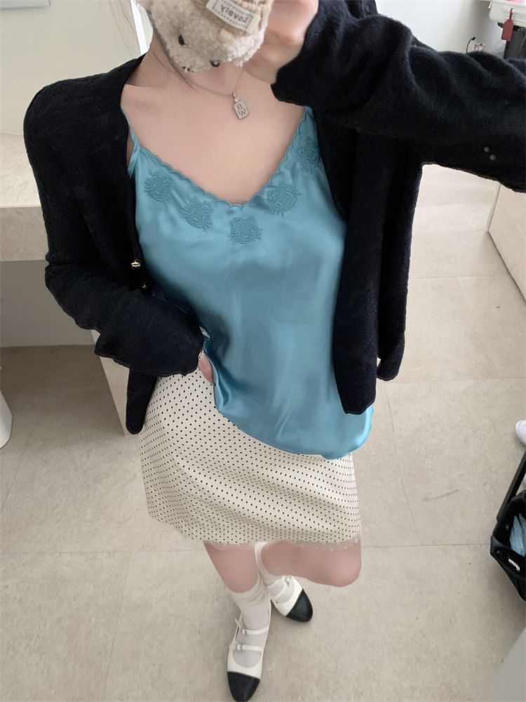 V-Neck Plain Embroidered Satin Cami Top / Plain Cardigan / High Rise Dotted Mini Pencil Skirt