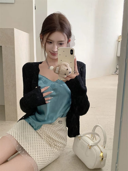 V-Neck Plain Embroidered Satin Cami Top / Plain Cardigan / High Rise Dotted Mini Pencil Skirt