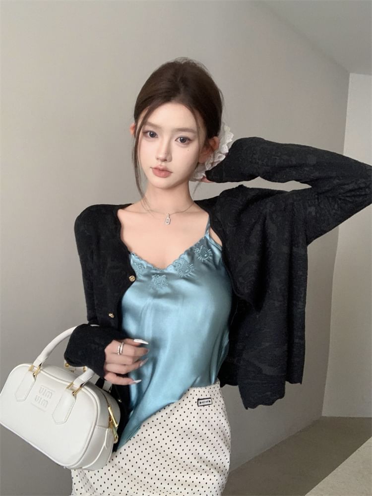 V-Neck Plain Embroidered Satin Cami Top / Plain Cardigan / High Rise Dotted Mini Pencil Skirt