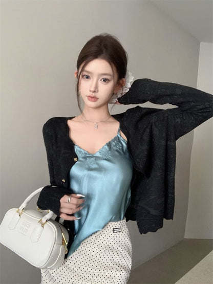 V-Neck Plain Embroidered Satin Cami Top / Plain Cardigan / High Rise Dotted Mini Pencil Skirt