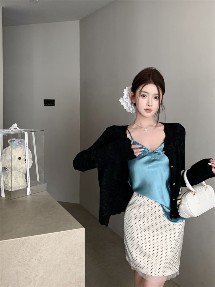 V-Neck Plain Embroidered Satin Cami Top / Plain Cardigan / High Rise Dotted Mini Pencil Skirt