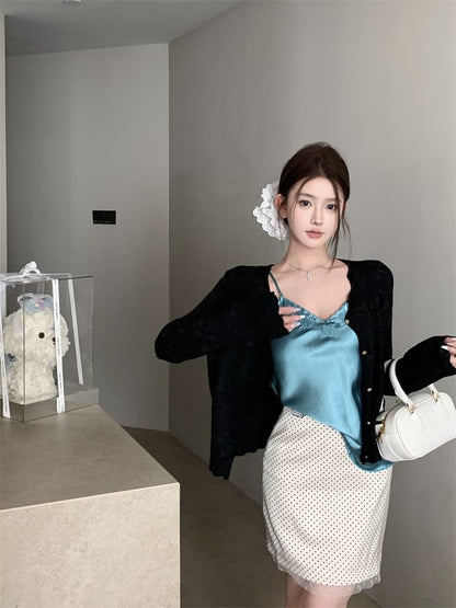 V-Neck Plain Embroidered Satin Cami Top / Plain Cardigan / High Rise Dotted Mini Pencil Skirt