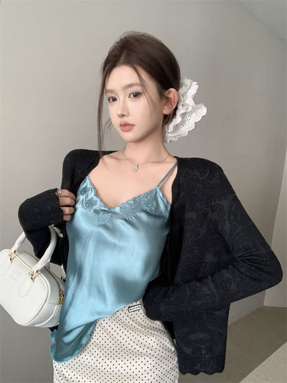 V-Neck Plain Embroidered Satin Cami Top / Plain Cardigan / High Rise Dotted Mini Pencil Skirt