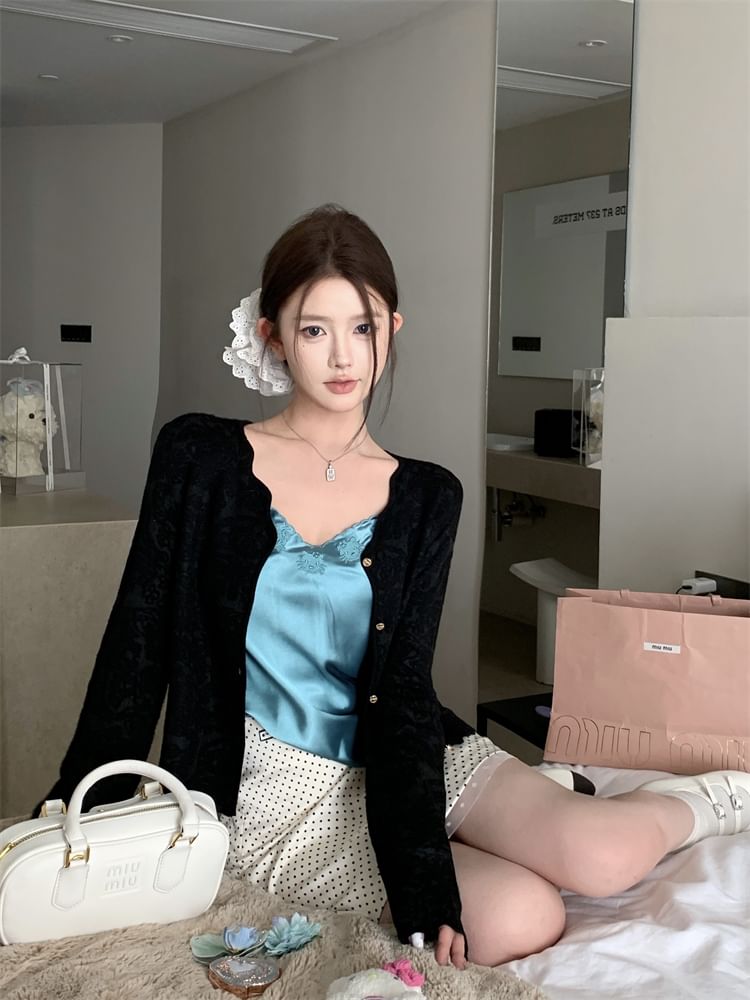 V-Neck Plain Embroidered Satin Cami Top / Plain Cardigan / High Rise Dotted Mini Pencil Skirt