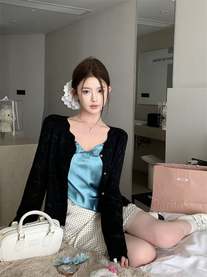 V-Neck Plain Embroidered Satin Cami Top / Plain Cardigan / High Rise Dotted Mini Pencil Skirt