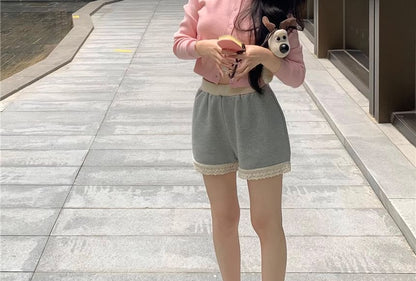 Round Neck Plain Cardigan / V-Neck Plain Padded Panel Lace Camisole Top / High Waist Panel Lace Sweat Shorts