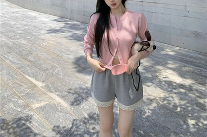 Round Neck Plain Cardigan / V-Neck Plain Padded Panel Lace Camisole Top / High Waist Panel Lace Sweat Shorts