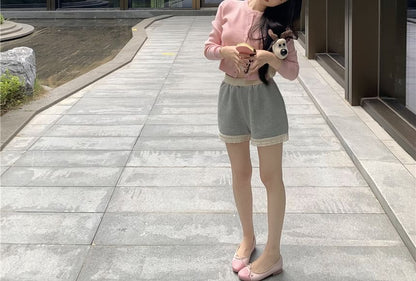 Round Neck Plain Cardigan / V-Neck Plain Padded Panel Lace Camisole Top / High Waist Panel Lace Sweat Shorts