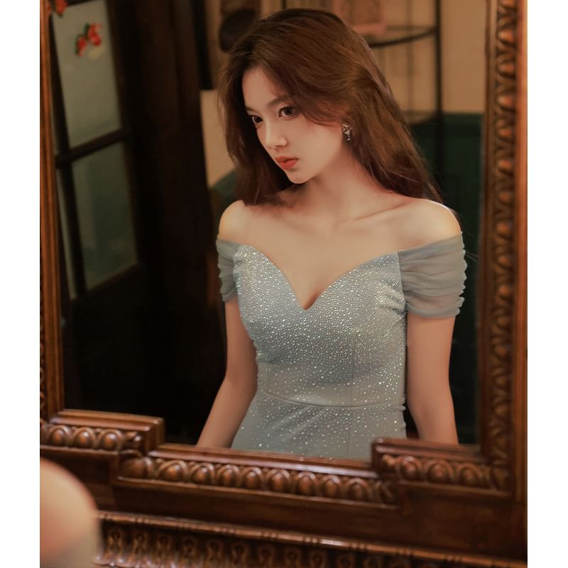 Off Shoulder Short Sleeve Sequined A-Line Cocktail Dress