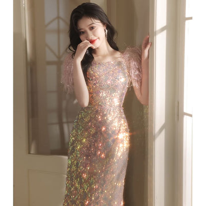 Square Evening Gown (Various Designs) Short-Sleeve Neck Feather Sequined Sheath