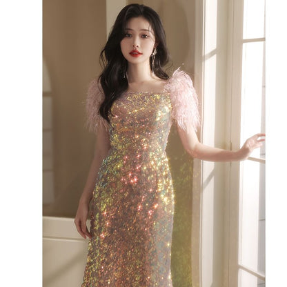 Square Evening Gown (Various Designs) Short-Sleeve Neck Feather Sequined Sheath