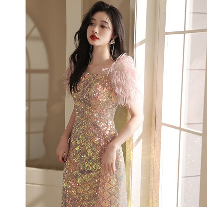 Square Evening Gown (Various Designs) Short-Sleeve Neck Feather Sequined Sheath