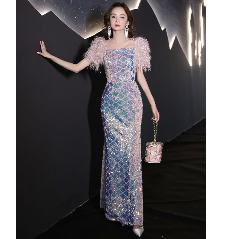 Feather Short-Sleeve Square Neck Sequined Sheath Evening Gown (Various Designs)
