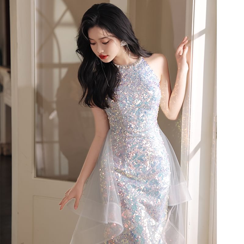 Designs) (Various Sequined Gown Neck Halter A-Line Evening