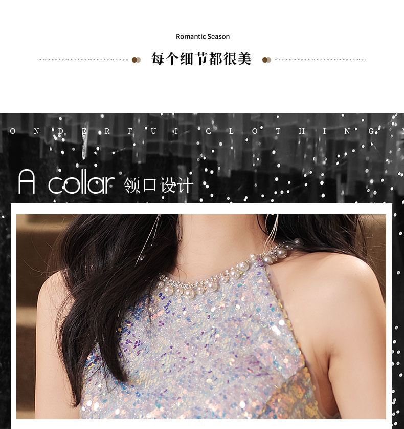 Designs) (Various Sequined Gown Neck Halter A-Line Evening
