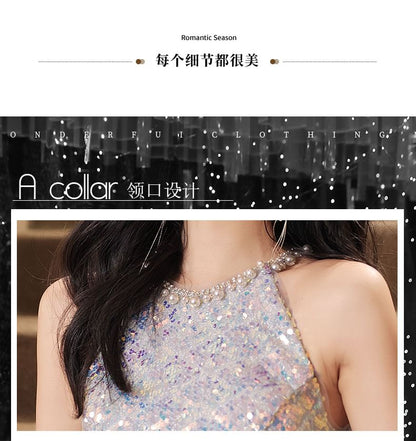 Designs) (Various Sequined Gown Neck Halter A-Line Evening