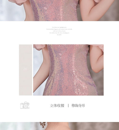 Spaghetti Strap Cold Shoulder Sequined Ruffle Trim Mini Bodycon Cocktail Dress