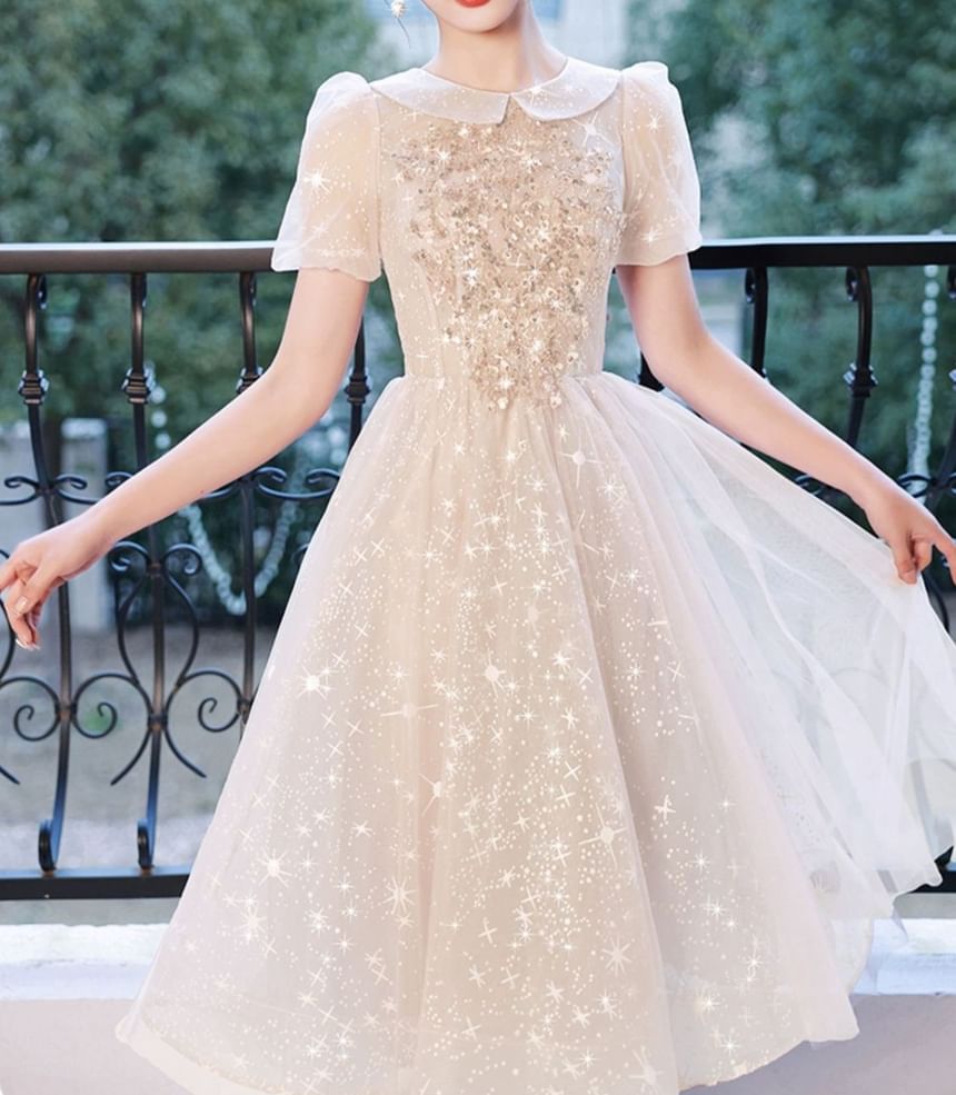 Short Sleeve Collared Sequin Embroidered Mesh A-Line Cocktail Dress (Various Designs)